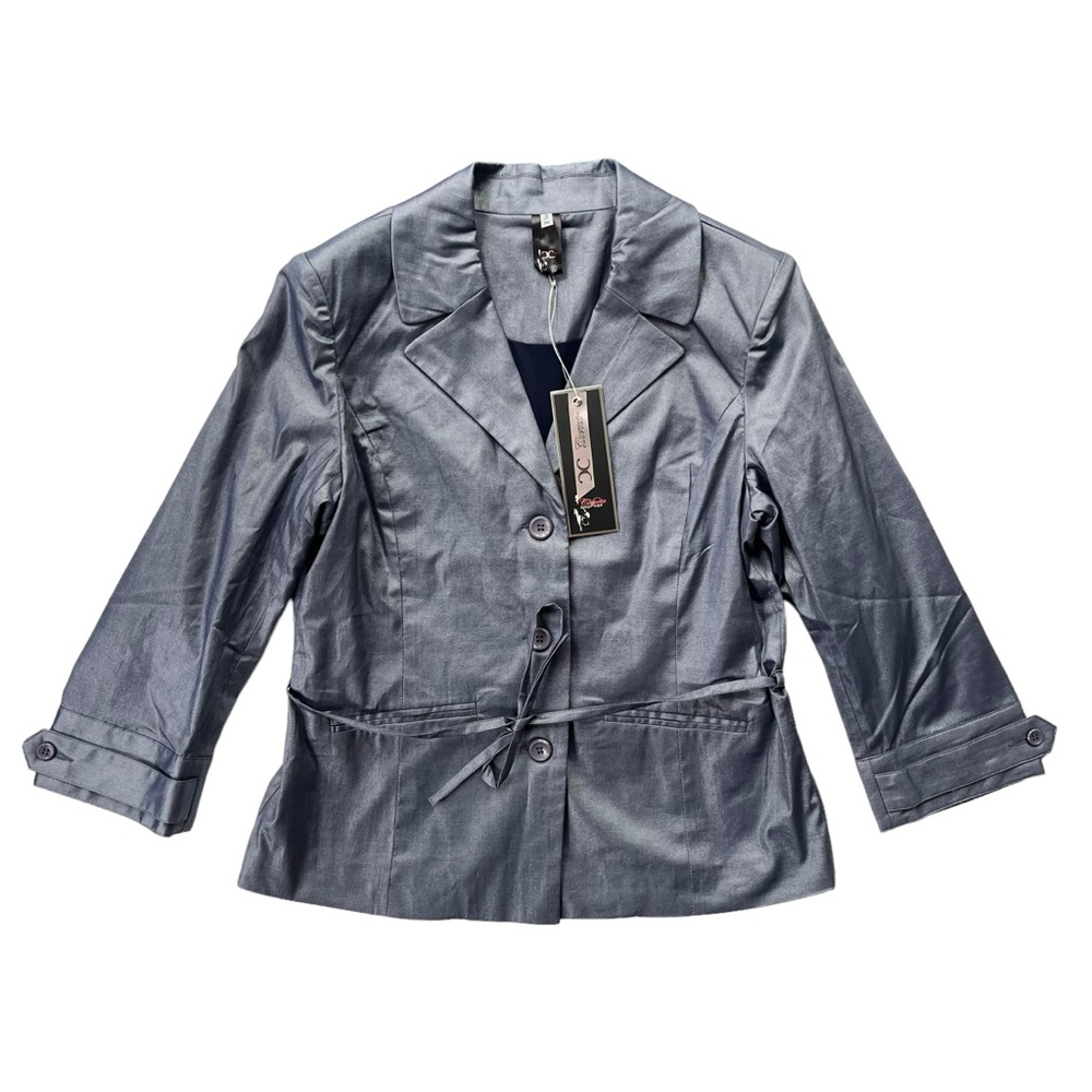 Coqueta Couture Womens Sz XL Blue Silver Metallic Waist Tie Blazer Jacket CC1122